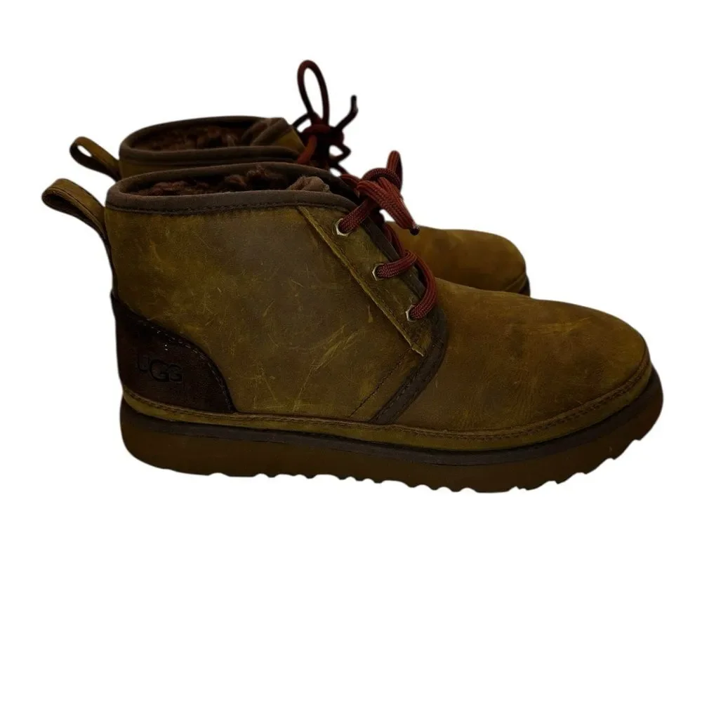UGG Neumel Leather Boots Youth US 4 Brown Shearling Lined Lace Up